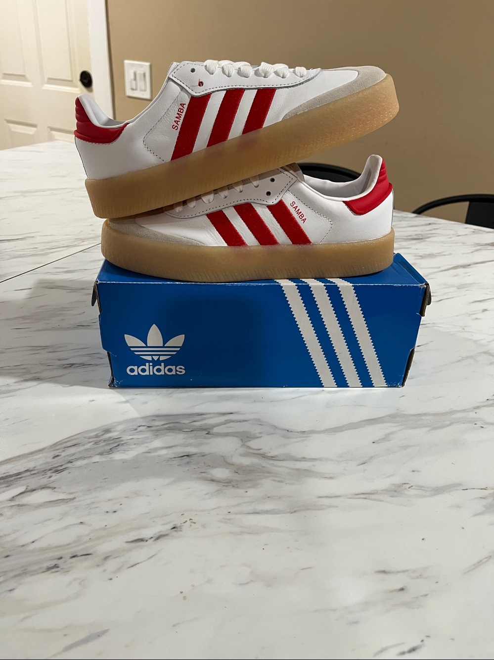 adidas Sambae White Red Sneakers with Gum Sole - Picture 4 of 5